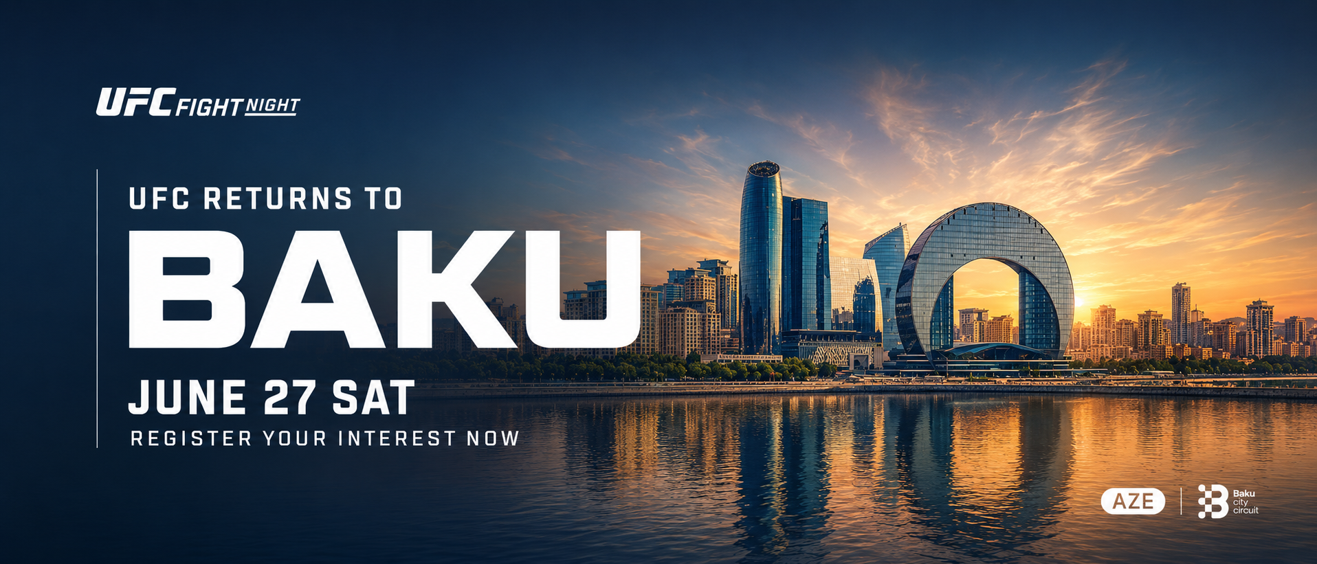 UFC Returns to Baku June 27 2026 affiche officielle ville Bakou Azerbaïdjan skyline
