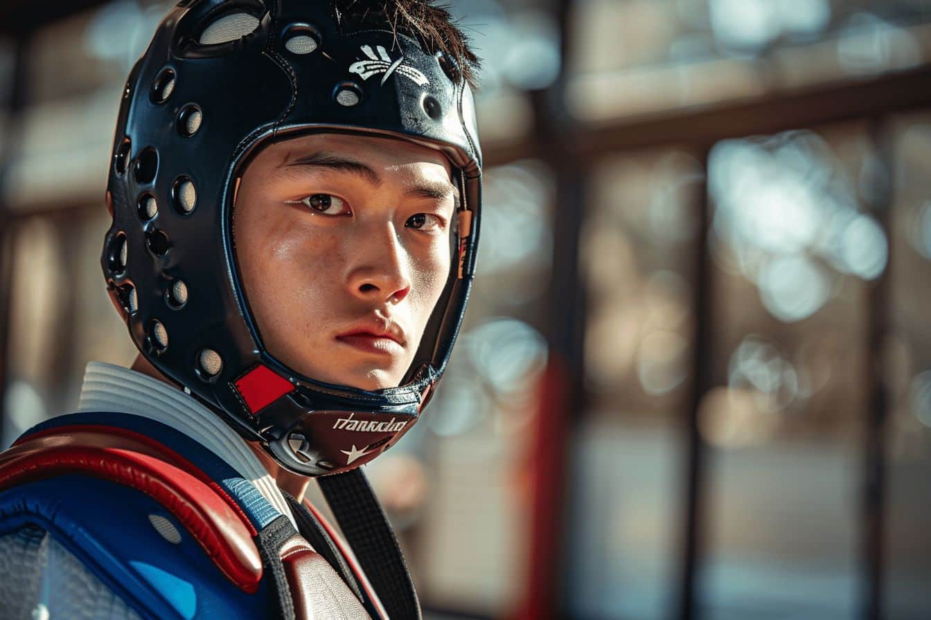 Combattant de taekwondo portant un casque de protection Daedo et un plastron PSS homologué WT — équipement complet pour la compétition 2026
