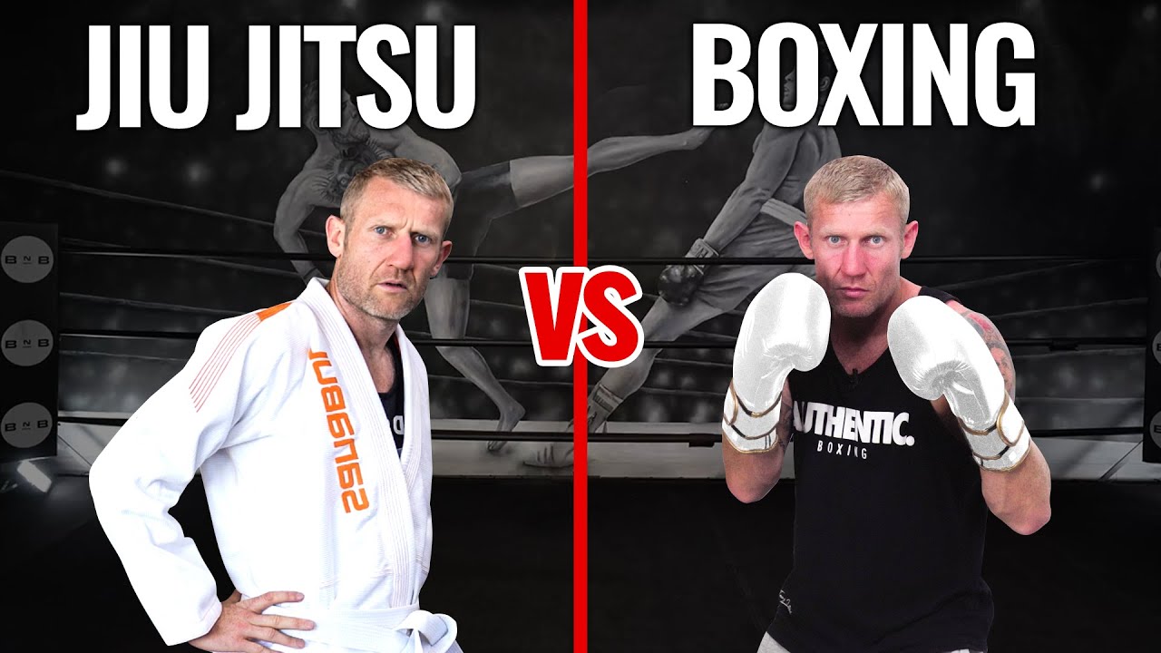 Comparatif boxe anglaise vs jiu-jitsu brésilien BJJ - deux pratiquants en kimono bleu et jaune face à deux boxeurs avec gants rouges sur ring