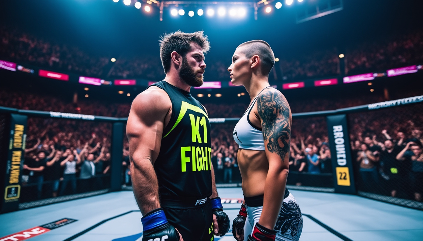 Vue aérienne de l'octogone UFC pendant un combat avec tous les logos sponsors visibles sur le tapis : Monster Energy, crypto.com, Bud Light, Stake, Aviator, Maverik, Buffalo Wild Wings — illustration de l'omniprésence du sponsoring dans le MMA professionnel