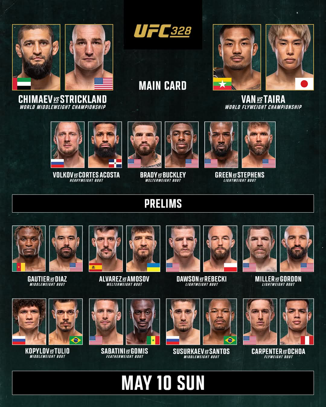 UFC 328 fight card officielle tous les combats Chimaev Strickland Van Taira 10 mai 2026